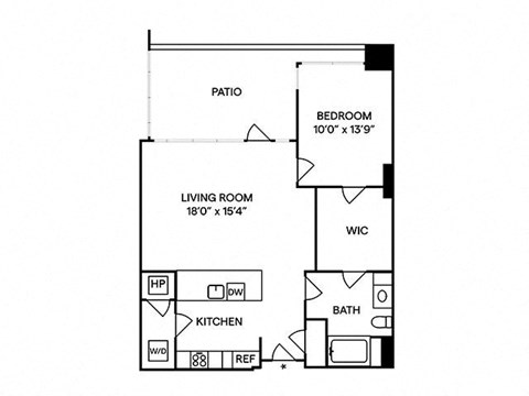 Floor plan for 1 bed, 1 bath, 992 sqft